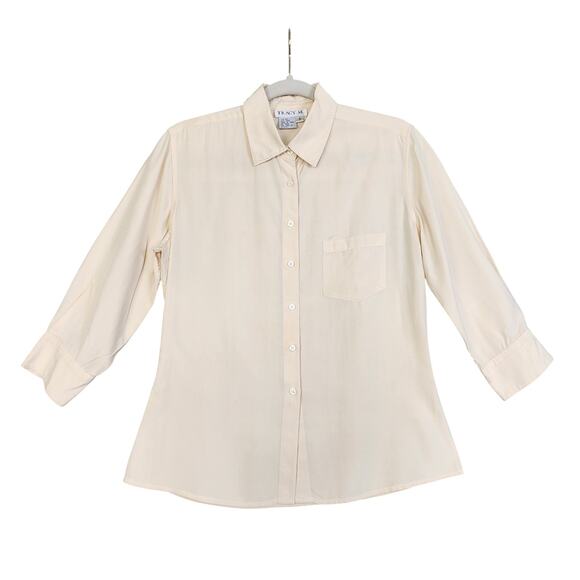 Tracy M Womens Vintage Silk Button Down Short Size Small Cream Beige 3/4 Sleeves - Picture 1 of 10